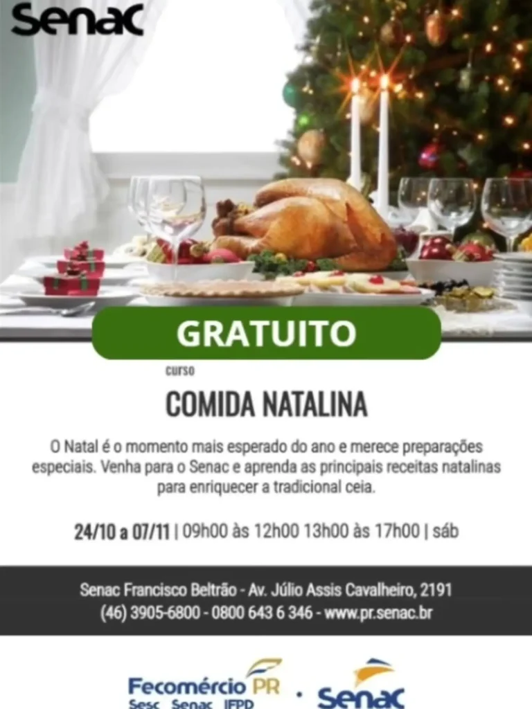 Aproveite a oportunidade destes cursos gratuitos do Senac para aprimorar seus conhecimentos, desenvolver novas habilidades e investir na sua qualificação profissional. O Senac Francisco Beltrão está com inscrições abertas para cursos gratuitos voltados ao desenvolvimento de conhecimentos e habilidades na área da gastronomia. Confira as opções disponíveis destes cursos gratuitos 🔹 Preparo de Carnes, Saladas e Acompanhamentos 📅 16/10 a 13/11 | Sextas-feiras ⏰ 8h30 às 11h30 🔹 Preparo de Massas Frescas e Recheadas 📅 17/10 a 31/10 | Sábados ⏰ 9h às 12h e 13h às 17h 🔹 Comida Natalina 📅 24/10 a 07/11 | Sábados ⏰ 9h às 12h e 13h às 17h 🎟️ Local Senac Av Júlio Assis Cavalheiro, 2.191 Bairro Industrial | Francisco Beltrão PR 🎟️ Inscrição e informação Whatsapp 0800 643 6346 http://www.pr.senac.br #franciscobeltrao #senacfb #calendariodeeventosfb #cursosfb
