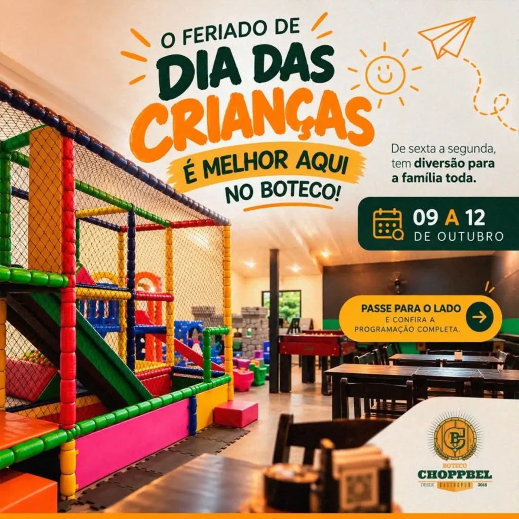 Tá com dúvida de onde comemorar o Dia da Criança? O Boteco Choppbel preparou uma programação especial para a criançada e para toda a família! Serão dias de muita diversão e brincadeiras. ✓ oficina de pintura ✓ pintura facial ✓ karaokê para crianças ✓ caça ao tesouro ✓ noite do picolé Chame a família, escolha o dia e venha aproveitar o feriado com a gente! 09 a 12 de outubro De sexta a segunda Rua Curitiba 1137 Pra Kennedy Esquina com Rua Mato Grosso Francisco Beltrão PR #diadacriancafb #botecochoppbel #franciscobeltrao #calendariodeeventosfb