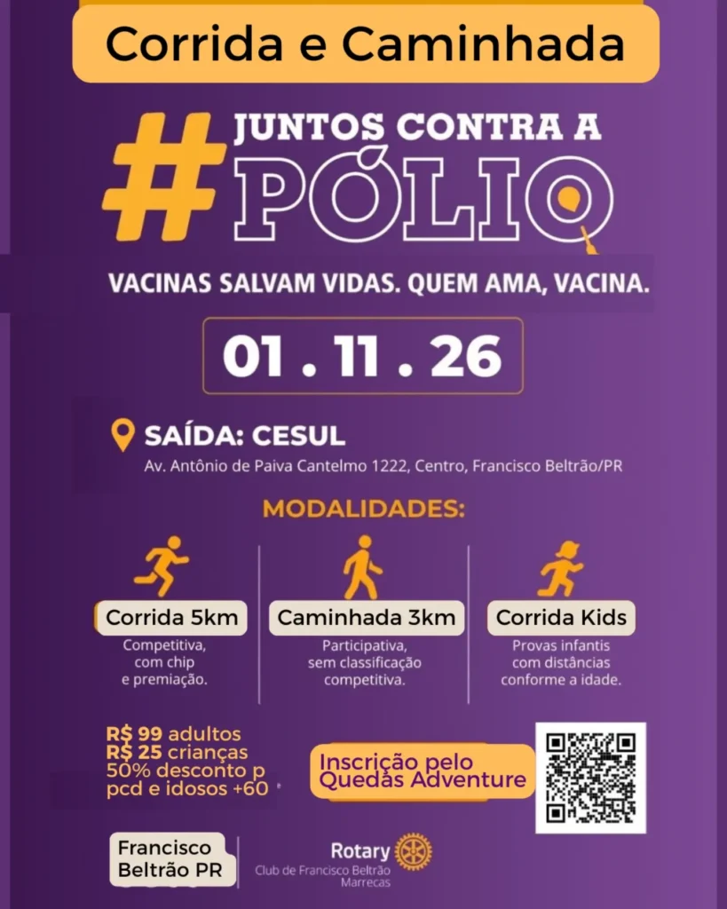 Nosso objetivo é conscientizar a comunidade sobre a importância da vacinação e da erradicação da poliomielite, unindo esporte, saúde e solidariedade. Caso o evento gere lucro, o valor será destinado ao Fundo Pólio Plus, programa do Rotary International. IDADE MINIMA Kids categorias de 3 a 13 anos Para a corrida é de 14 anos e para a caminhada 12 anos INSCRIÇÃO até 25/10 Pelo site Quedas Adventure Caminhada R$70 e Corrida R$ 99 + taxa do site Kids R$ 25 + taxa do site Idosos acima de 60 anos e PCD tem 50% de desconto PREMIAÇÃO 1º ao 5º geral masculino e feminino: troféus 1º ao 5º por faixa etária: troféus 1º ao 5º das categorias temáticas: troféus, masculino e feminino PCDs: troféu de 1º ao 5º lugar; Kids: medalha de participação Caminhada: medalha de participação Não haverá premiação em dinheiro 1ª CORRIDA E CAMINHADA “JUNTOS CONTRA A PÓLIO” Domingo 01/11/2026 Cidade Francisco Beltrão PR Largada Adulto: 7h Largada Crianças: 8h30 Do Cesul na Av Antônio de Paiva Cantelmo 1.122 no Centro Organização do Rotary Club Marrecas Informações no 46 99140 6872 com Jorge Tancon 46 99933-6615 -com Gustavo Calovi #rotarymarrecas #franciscobeltrao #calendariodeeventosfb #corridaderuafb #corridajuntoscontraapolio
