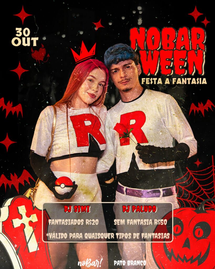 O HALLOWEEN DE QUEM PREFERE FAZER RIR A DAR SUSTO 😂🎃 Sexta, 30/10, tem noBarWEEN e a fantasia é tema livre! Vale meme, personagem, dupla icônica e aquela ideia duvidosa que só teu grupo de amigos entenderia. 🤣 Aqui a missão é soltar a criatividade: das fantasias engraçadas às assustadoras, TODAS entram na festa! 🎧 DJ Simi + DJ Paludo @simioni_1 @djpaludo 🎭 Com fantasia: R$20 🎟️ Sem fantasia: R$50 📍 noBar Pato Branco Já manda pra quem vai dividir uma fantasia contigo e começa a planejar essa obra de arte 👀 ingressos na hora, chegue cedo, evite filas.