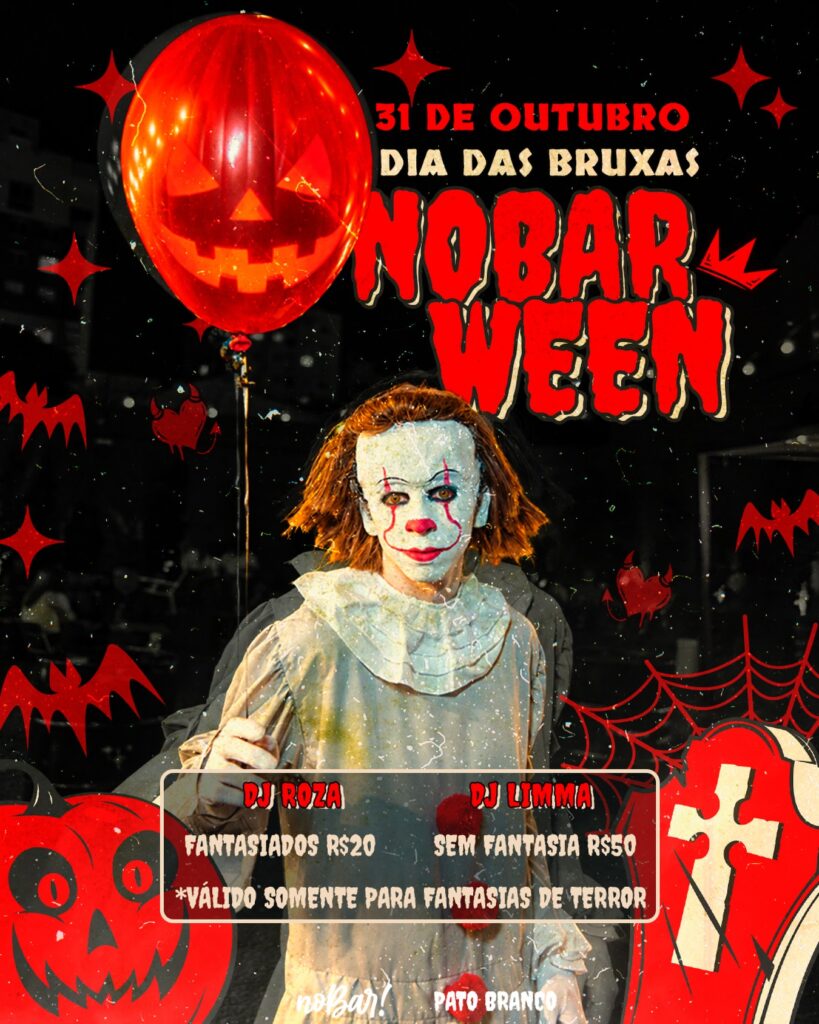 DIA 31 CAIU NO SÁBADO… A GENTE NÃO IA DEIXAR PASSAR 🩸🎃 No Dia das Bruxas, o noBarWEEN entra no clima do TERROR! É a noite de tirar os monstros do armário, caprichar na maquiagem macabra e trazer os personagens dos teus piores pesadelos pra pista. 🔪🧟 Na sexta, a fantasia é livre. No sábado, o tema é assustar e o valor especial de entrada vale somente para fantasias de terror! 👻 🎧 DJ Roza + DJ Limma @rozadj @limmadj 🧛 Com fantasia de terror: R$20 🎟️ Sem fantasia ou com fantasia fora do tema: R$50 📍 noBar Pato Branco Marca quem vai aparecer tão assustador que nem o ex vai ter coragem de mandar mensagem 💀 ingressos na hora, chegue cedo, evite filas.