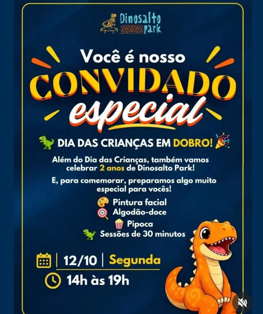 🎉🦖 O Dia das Crianças no Dinosalto Park vai ser em DOBRO! 🦖🎉 Além de comemorar esse dia tão especial, vamos celebrar 2 anos de Dinosalto Park! 💙💛 E preparamos uma tarde cheia de diversão para toda a família! 🥳 ✨ Pintura facial 🍭 Algodão doce 🍿 Pipoca 🦖 Sessões especiais de 30 minutos 📅 Segunda 12/10 ⏰ Horário das 14h às 19h ⚠️ ATENÇÃO ÀS RESERVAS: 🎟️ Sessão inteira: reservas serão feitas exclusivamente pelo nosso site. 🎟️ Meia sessão: somente presencialmente, no balcão do parque. Como a procura será grande, pode acontecer de você chegar ao parque e já não haver mais vagas para determinado horário. Por isso, se quiser garantir sua sessão inteira, faça sua reserva antecipadamente pelo site! 📲 Neste dia não faremos reservas pelo whatsApp. Vamos priorizar o atendimento presencial no parque para organizar tudo da melhor forma possível. Vem comemorar com a gente! 🥳🦖💙 Esperamos vocês para fazer parte dessa festa! 🎉 🎟️ Dinosalto Park Rua Romeu Lauro Werlang 441 Bairro Centro | Francisco Beltrão PR Whats 46 99985-5176 @dinosalto_park #franciscobeltrao #dinosaltopark #calendariodeeventosfb #eventosfb
