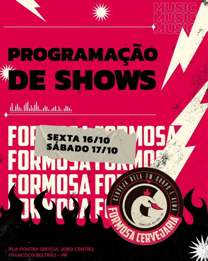 Final de semana vem com tudo e com música ao vivo no Formosa Pub. SEXTA 16/10 A sexta vai ser com @fabianofcorrea e Mano Batera. Pop Rock e MPB dos bons 🍻🎶. Show às 20h30 Couvert R$ 7 SÁBADO 17/10 Capital Inicial, Engenheiros, Barão, Bon Jovi, Los Hermanos, Marisa Monte e muito mais. Será um baita show a @claracantos_ e @canta.schaffer 🍻. Show às 20h30 Couvert R$ 7 Reservas pelo whats 46 99103 7545 Rua Ponta Grossa 2080 Centro 📍 Francisco Beltrão - PR #formosapub #calendariodeeventosfb #franciscobeltrao #barzinhofb #rockfb