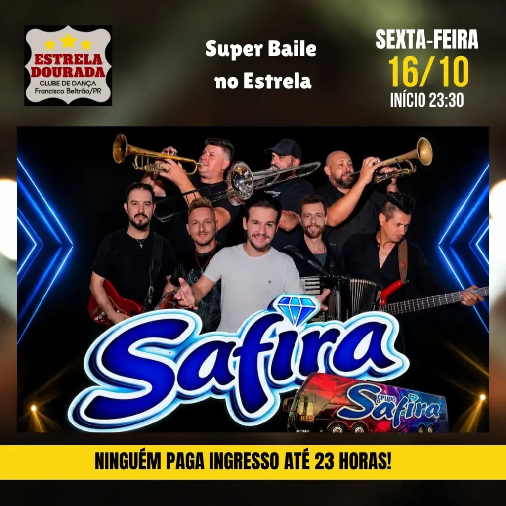 Na próxima sexta-feira 16/10 SUPER BAILE no Estrela Dourada. "O Lugar certo para sua diversão." com: 🎤 - GRUPO SAFIRA ⏰ - início às 23:30 horas 👏PROMOÇÃO👏 💰 ATÉ 23:00 HORAS NINGUÉM PAGA INGRESSO! Você é nosso convidado Especial! Vêm fazer a festa no ESTRELA! 💃🕺💃 🕺💃🕺