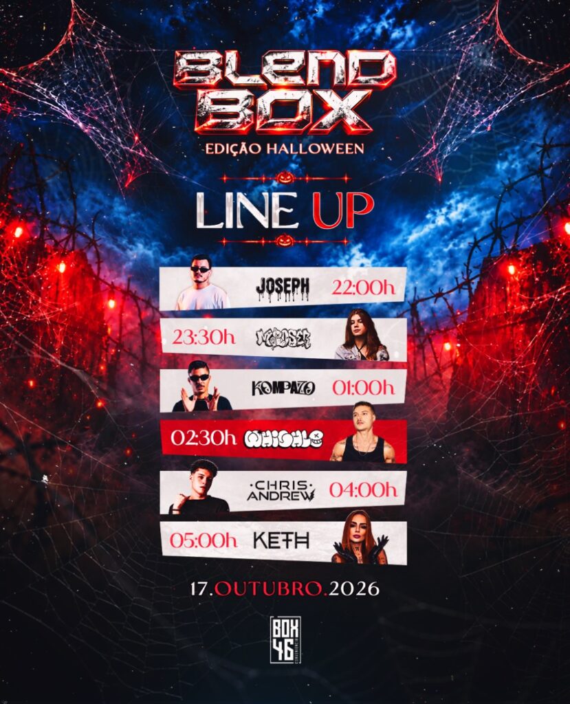 🎃 A NOITE DE SÁBADO JÁ TEM HORA MARCADA! Neste sábado, a Blend Box Halloween toma conta da Box46 com uma noite temática que começa no baile e termina mergulhada na música eletrônica. @joseph.djj • @_jumoser • @chrisandrewbr • @whighle • @chrisandrewbr • @keethdj Se você vai viver essa edição com a gente, atenção: os últimos ingressos antecipados já estão disponíveis. 👀 E pra entrar de vez no clima do Halloween, quem chegar fantasiado até 00h concorre a um combo de Jack Daniel’s. 🥃🔥 Escolha a fantasia, chama a galera e vem viver essa noite até o fim. 🎟️ Últimos antecipados 17 de outubro • Box46 Nos vemos na pista.