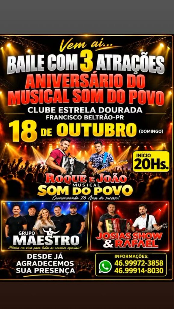 ⭐️ Estrela Dourada o Clube certo para sua diversão ⭐️ Você é nosso convidado para participar do Sarau de ANIVERSÁRIO DO SOM DO POVO no Estrela Dourada! 🗓 18/10 Domingo ⏰ início: 20:00 horas 🎤 - SARAU COM 3 ATRAÇÕES! 👏👏PROMOÇÃO 👏👏 Ingresso para todos que chegar até às 20:00 horas Elas R$ 10,00 e Eles apenas R$ 20,00! Você não pode perder! Vem pro Estrela! Fazer a Festa com a gente💃🕺💃🕺!