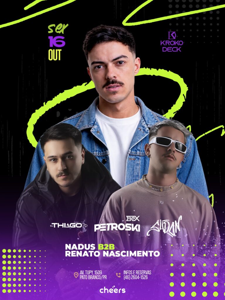 NESSA SEXTA TEMOS ENCONTRO MARCADO! 🔊🔥 Já é nessa sexta, 16/10, o REI DO SOLD OUT Petroski chega em Pato Branco juntamente com. DJ Thiago, Sudan, Nadus e Renato Nascimento, pra comandar o palco do Kroko Deck! 🚀 Reúne a turma e prepara a energia, porque essa noite promete! 💜