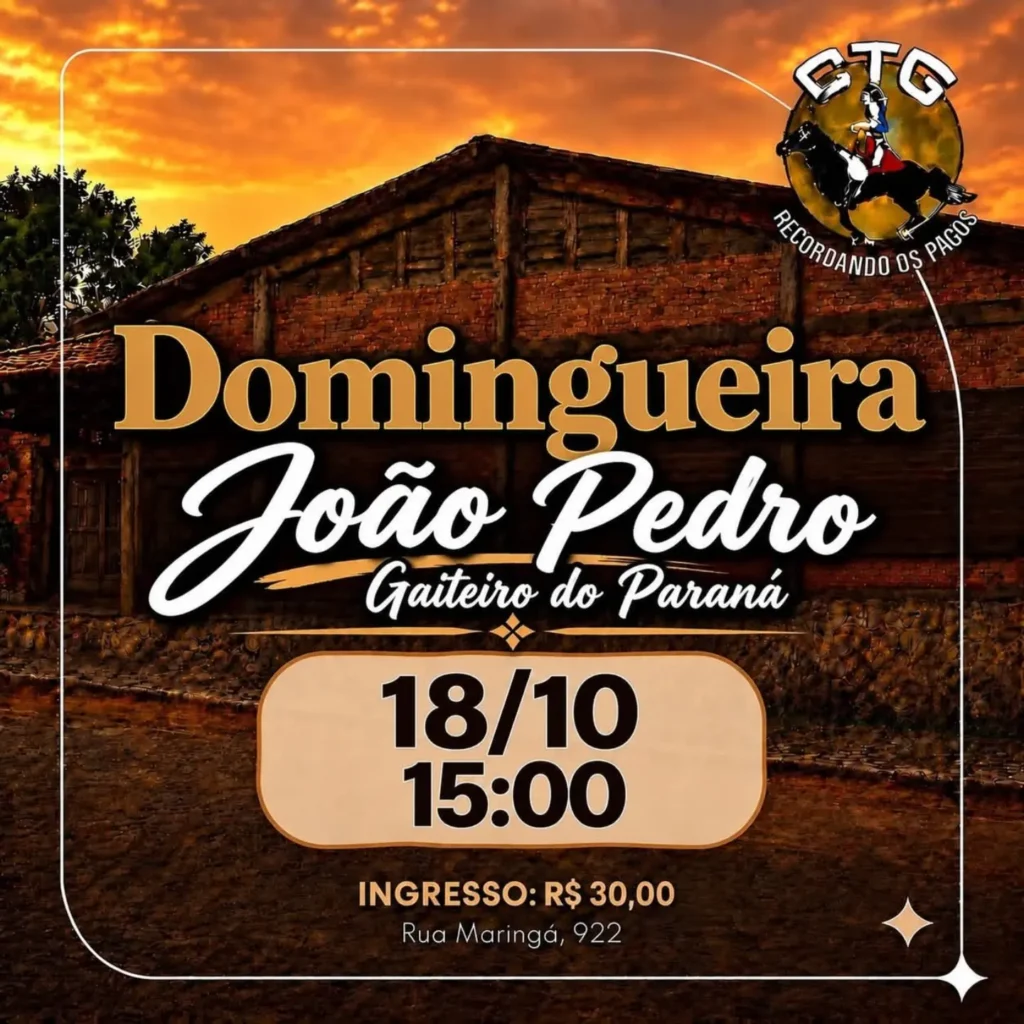🪗💃 DOMINGUEIRA NO CTG RECORDANDO OS PAGOS! 💙💛 Neste domingo, a tradição tem encontro marcado com a alegria, a música e a dança! Prepare a pilcha, reúna os amigos e venha aproveitar uma tarde especial ao som de João Pedro – Gaiteiro do Paraná! 🎶 📅 Domingo 18 de outubro 🕒 Das 15 às 19h 🎟️ Ingresso R$ 30 📍 CTG Recordando os Pagos Rua Maringá 922 Vila Nova | Francisco Beltrão PR Porque domingo bom é domingo de fandango, reencontros e muita tradição! Esperamos por você! 🧉 #ctgrecordandospagosfb #franciscobeltrao #eventogauchofb #eventosfb #gaiteirodoparana