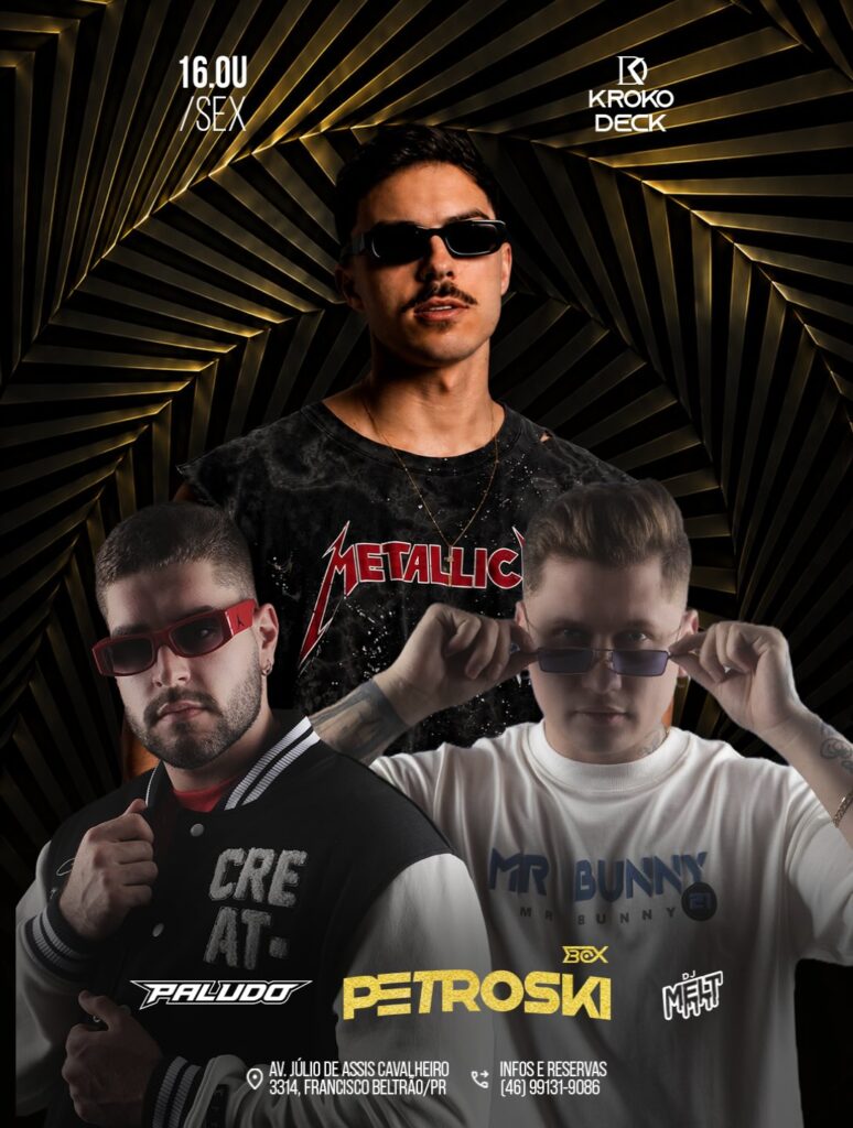 🚨 FRANCISCO BELTRÃO, JÁ É NESSA SEXTA! O REI DO SOLD OUT PETROSKI, Dj Paludo e DJ Melt vão comandar uma noite de muito grave e energia lá em cima no Kroko Deck! 🔥🔊 Dia 16/10, teu lugar é no Deck. Chama a turma e vem fazer parte desse rolê! 🚀 🎟️ Últimos ingressos e mesas disponíveis!