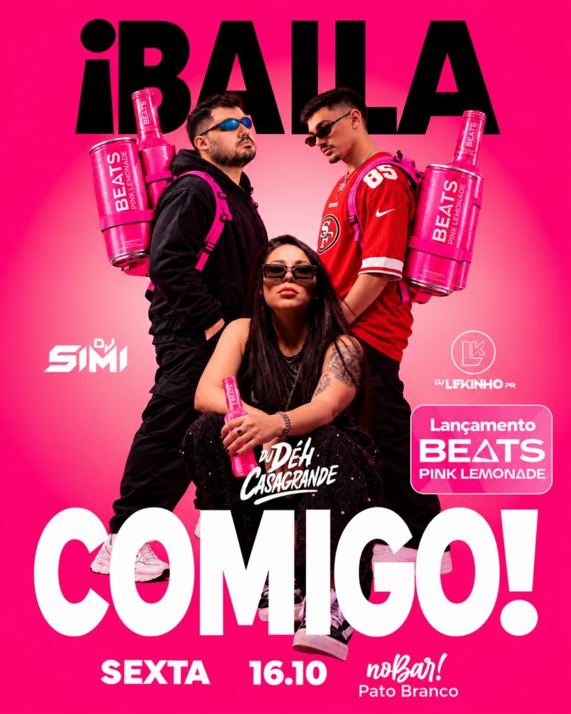 SEXTA É DIA DE VESTIR ROSA E BAILAR! 💖🍋 A Beats Pink Lemonade chegou e o lançamento exclusivo na região é aqui no noBar Pato Branco! 💅 🎁 As primeiras 50 pessoas que chegarem de rosa ganham uma Beats Pink Lemonade pra brindar com a gente! DJ Lekinho PR . DJ Déh Casagrande. DJ Simi @lekinhopr @djdehcasagrande @simioni_1 📅 Sexta, 16/10 — ¡BAILA COMIGO! Já manda no grupo e avisa: o look dessa sexta é ROSA! 🩷