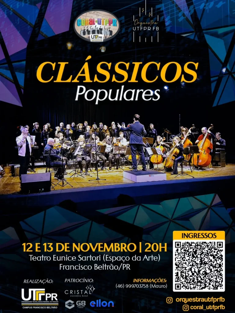 Vem aí o espetáculo Clássicos Populares! A Orquestra e o Coral da UTFPR trazem ao palco músicas clássicas conhecidas mundialmente, de diversos períodos da história da música. Sob a regência do maestro Mauro César Cislaghi, ‘Clássicos Populares’ é um espetáculo que abrange desde o Barroco até o século XX, incluindo compositores como Vivaldi, Grieg, Shostakovich, entre outros. 📆 Datas e horário Quinta 12/11 e sexta 13/11 às 20h 📍Local Teatro Eunice Sartori no Centro | Francisco Beltrão PR 🎫 Ingresso no site Sympla.com.br https://www.sympla.com.br/evento/classicos-populares-por-orquestra-e-coral-da-utfpr/3593174 #franciscobeltrao #calendariodeeventosfb #culturafb #orquestrautfprfb #coralutfprfb