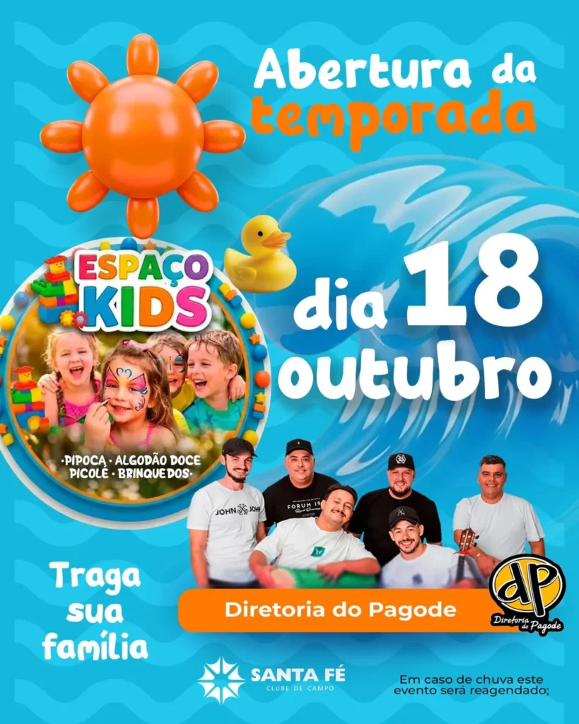 A temporada 2026 ai começar com um dia daqueles que as crianças adoram! 🚩 Francisco Beltrão PR No 18 de outubro, o Santa Fé Clube de Campo abre a temporada com uma programação especial para a criançada, com brinquedos, pipoca, algodão-doce e picolé. 💦 E enquanto elas aproveitam cada momento, os adultos também têm seu espaço para curtir, com muito pagode. Um dia para toda a família aproveitar o clube, se divertir e dar boas vindas à nova temporada! Esperamos vocês no Santa Fé Clube de Campo. 💦🏊🏼‍♀️🛟! Evento para associados. #calendariodeeventosfb #franciscobeltrao #santafeclubedecampo #eventosfb #barzinhofb