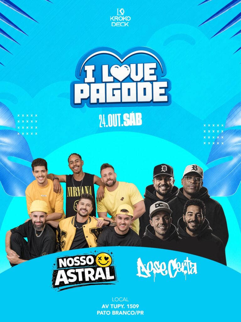 Sábado é dia de cantar junto e curtir aquele pagode no Deck! 💙🥁 Dia 24/10 tem I Love Pagode com Nosso Astral e Dose Certa no Kroko Deck Pato Branco! Chama a turma e vem viver esse sabadou perfeito! 🍻