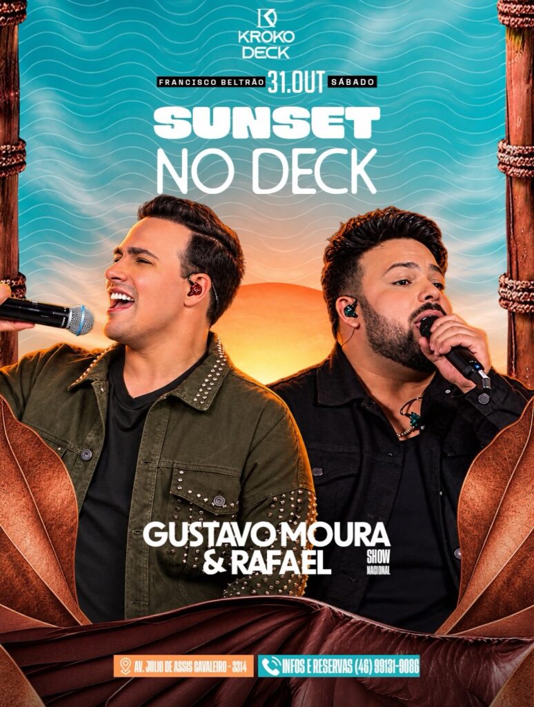 SAVE THE DATE FRANCISCO BELTRÃO! Dia 31 de outubro, o Sunset no Deck tem encontro marcado com Gustavo Moura & Rafael! Um show nacional pra brindar com a turma, cantar junto e viver aquele fim de tarde que merece ficar na memória. 🍻🎶 Marca quem vai dividir esse sunset com você! 🔥 🎟️ Abertura das vendas amanhã (19/10/2026) às 12:30 no app da CHEERS! 📅 Sábado, 31/10 📍 Kroko Deck • Francisco Beltrão 📲 Informações e reservas: (46) 99131-9086