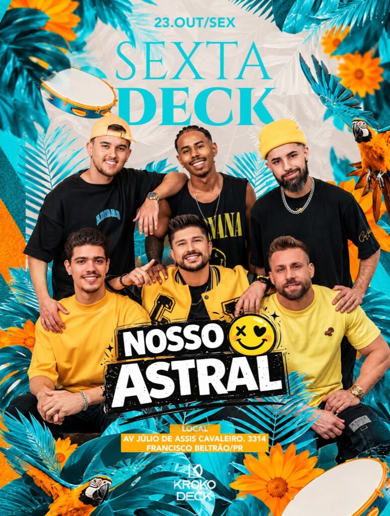 SEXTOU COM PAGODE NO DECK! ☀️🍻🥁 Nesta sexta, 23/10, o Nosso Astral chega pra embalar a noite no Kroko Deck Francisco Beltrão! Muito pagode, resenha e aquele coro que só vocês sabem fazer! 💛 Marca a turma e vem cantar com a gente! 🔥